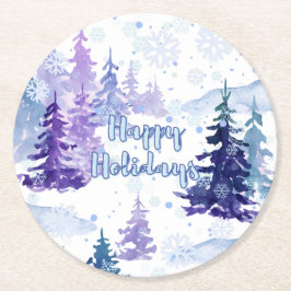 Happy Holidays Lila Winter Snowy Trees Runder Pappuntersetzer