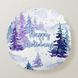 Happy Holidays Lila Winter Snowy Trees Rundes Kissen