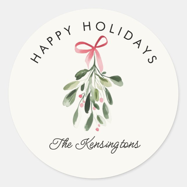 Happy Holidays Mistletoe Custom Familienname Runder Aufkleber (Vorderseite)