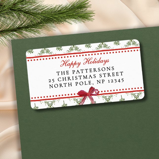 Happy Holidays Mistletoe Red Bow Custom Christmas Adressaufkleber (Von Creator hochgeladen)