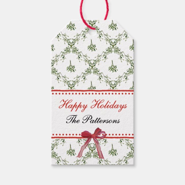 Happy Holidays Mistletoe Red Bow Custom Christmas Geschenkanhänger (Vorderseite)