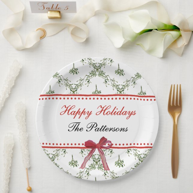 Happy Holidays Mistletoe Red Bow Custom Christmas Pappteller (Hochzeit)