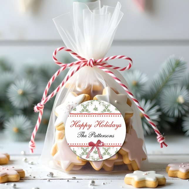 Happy Holidays Mistletoe Red Bow Custom Christmas Runder Aufkleber (Von Creator hochgeladen)