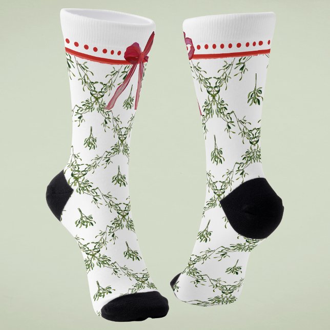 Happy Holidays Mistletoe Red Bow Custom Christmas Socken (Von Creator hochgeladen)