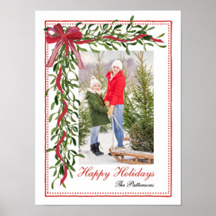 Happy Holidays Mistletoe Red Bow Family Foto Poster