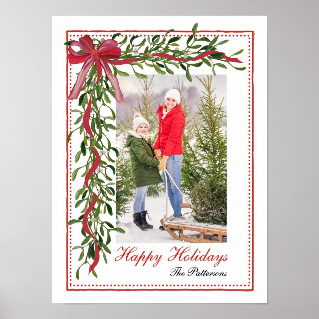 Happy Holidays Mistletoe Red Bow Family Foto Poster (Vorne)