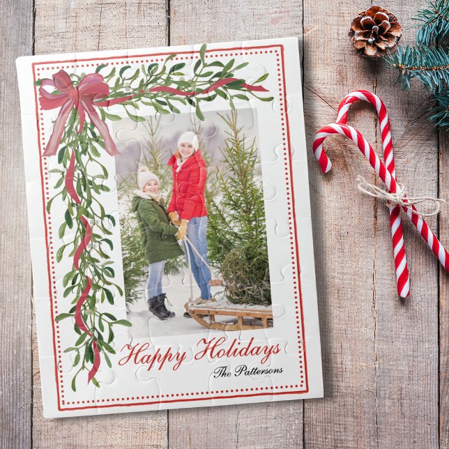 Happy Holidays Mistletoe Red Bow Family Foto Puzzle (Von Creator hochgeladen)