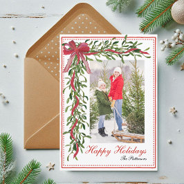 Happy Holidays Mistletoe Red Bow Family Photo Feiertagskarte