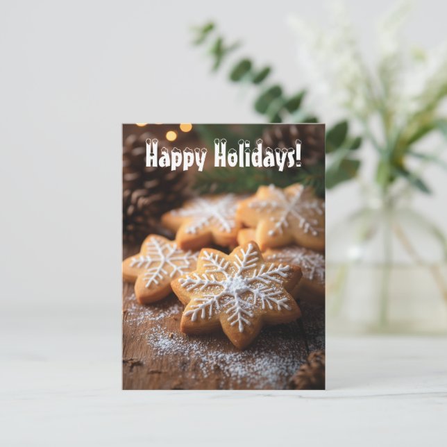 Happy Holidays mit schneeflockenartigen Cookies Feiertagspostkarte (Stehend Vorderseite)