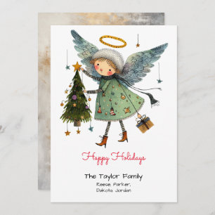 Happy Holidays mit Whimsical Angel and Tree Feiertagskarte