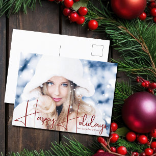 Happy Holidays Model Headshot Red Script Overlay Feiertagspostkarte