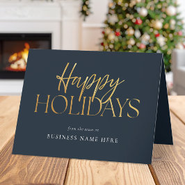 Happy Holidays Modern Blue Gold Script Business Feiertagskarte