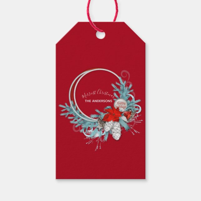 Happy Holidays Modern Chic Red Pine Wreath Geschenkanhänger (Vorderseite)