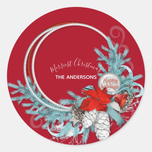 Happy Holidays Modern Chic Red Pine Wreath Runder Aufkleber (Vorderseite)