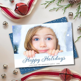 Happy Holidays Modern Foto Blue Holiday Card Feiertagskarte