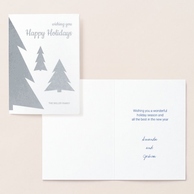 Happy Holidays Modern Geometric Trees Silver Folienkarte (Anzeige)