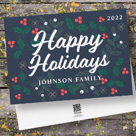 Happy Holidays Modern Holly Berries Foliage Feiertagskarte