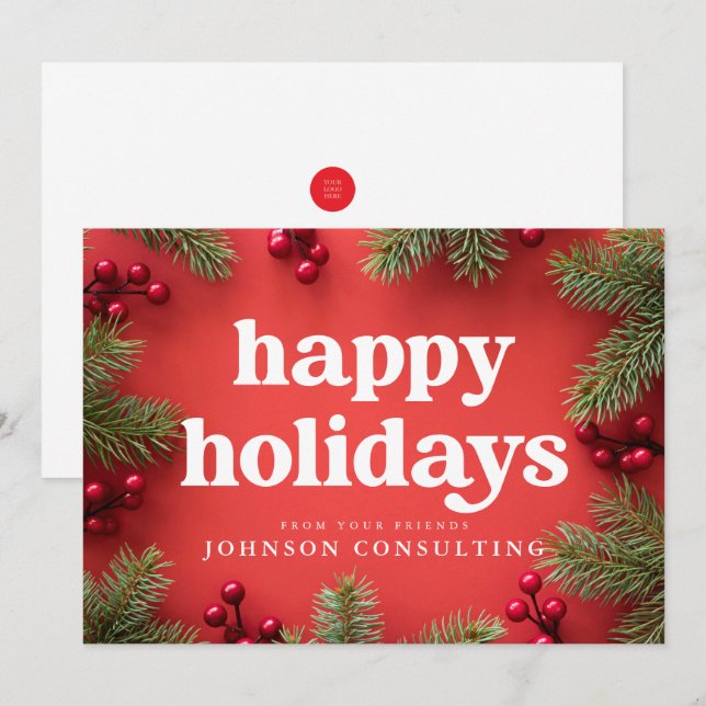 Happy Holidays Modern Holly Berry Pine Needles Red Ankündigung (Vorne/Hinten)