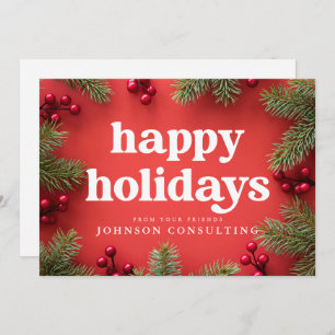 Happy Holidays Modern Holly Berry Pine Needles Red Ankündigung