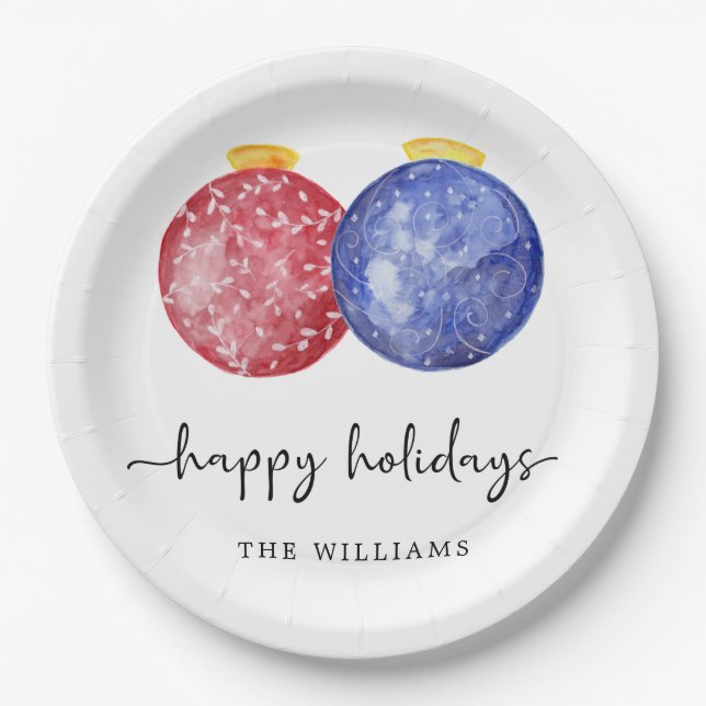 Happy Holidays Modern Red Blue Ornaments Einfach Pappteller (Vorderseite)
