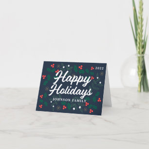 Happy Holidays Modern Red Holly Berries Foliage Feiertagskarte