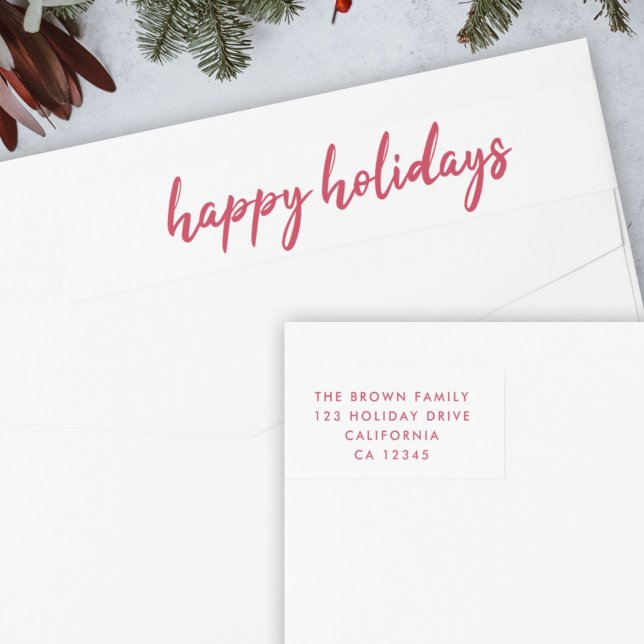 Happy Holidays | Moderne Minimal Red Rücksendeadre (Modern Happy Holidays wrap around label by Guava for elegant holiday mail, cards & envelopes )
