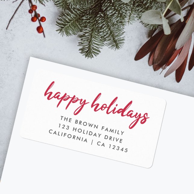 Happy Holidays | Moderne Minimal Red Rücksendeadre Adressaufkleber (Add a cheerful touch to your festive mail with this minimalist "Happy Holidays" return address label)
