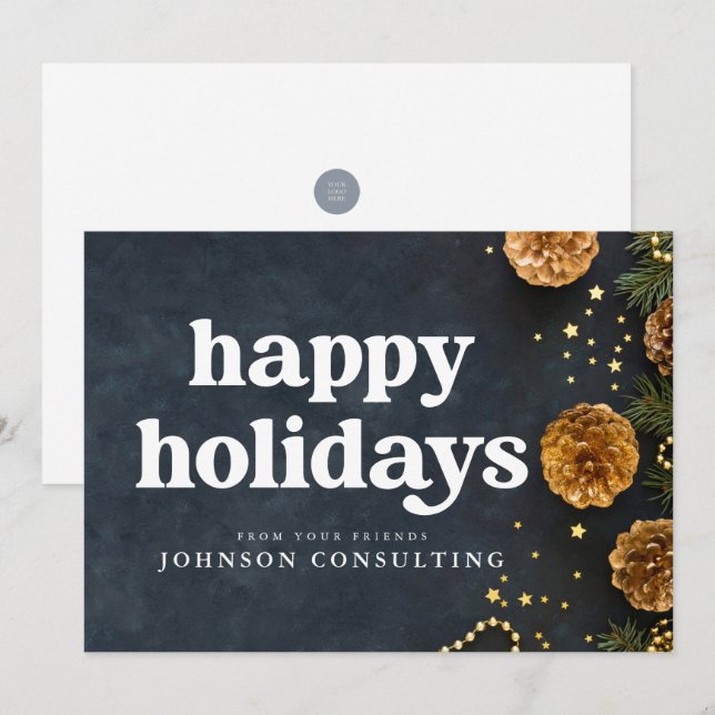 Happy Holidays Moderne Sterne und Golden Pine Cone Ankündigung (Vorne/Hinten)