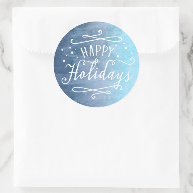 Happy Holidays Modernes Script Blue Watercolor Runder Aufkleber (Tasche)