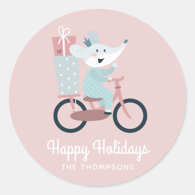 Happy Holidays Mouse Reiten Fahrrad Personalisiert Runder Aufkleber (Vorderseite)