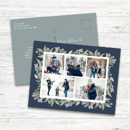 Happy Holidays Navy Blue Floral Foto Collage Feiertagspostkarte