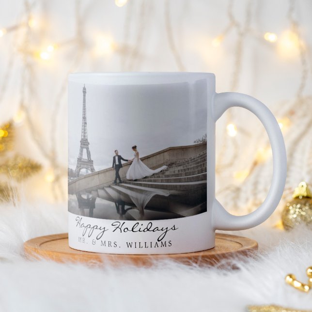Happy Holidays Newlywed Foto Collage Kaffeetasse (Happy Holiday mug for newlyweds. This mug features 2 images and personalized with Mr & Mrs.)