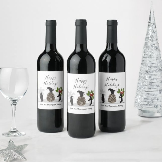 Happy Holidays Niedlich Funny Pinguin Weihnachten Weinetikett (Von Creator hochgeladen)