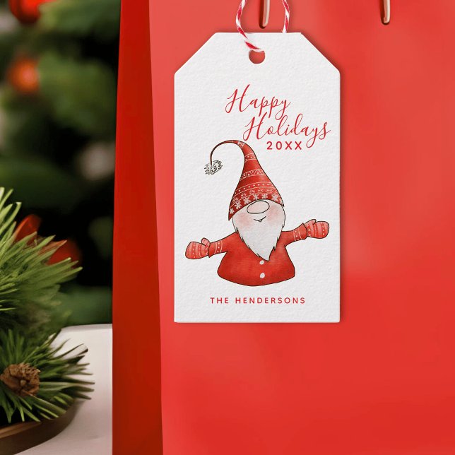 Happy Holidays Niedlich Gnome in Red Modern Christ Geschenkanhänger (Modern White and Red Gift Tags with a Cute Gnome for Winter Holidays)