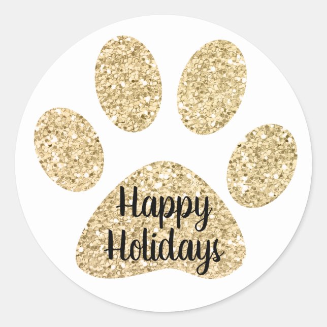 Happy Holidays Niedlich Gold Glitzer Paw Print Runder Aufkleber (Vorderseite)