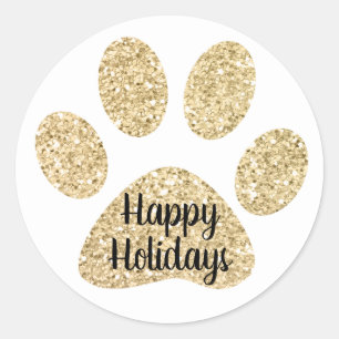 Happy Holidays Niedlich Gold Glitzer Paw Print Runder Aufkleber