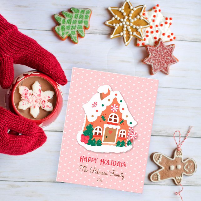 Happy Holidays Niedlich Pink Snowy Gingerbrot Hous Postkarte (Von Creator hochgeladen)