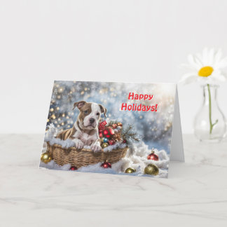 Happy Holidays Niedlich Pitbull Puppy Dog in Baske Karte