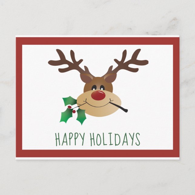 Happy Holidays Niedlich Reindeer Mistletoe Red Gre Postkarte (Vorderseite)