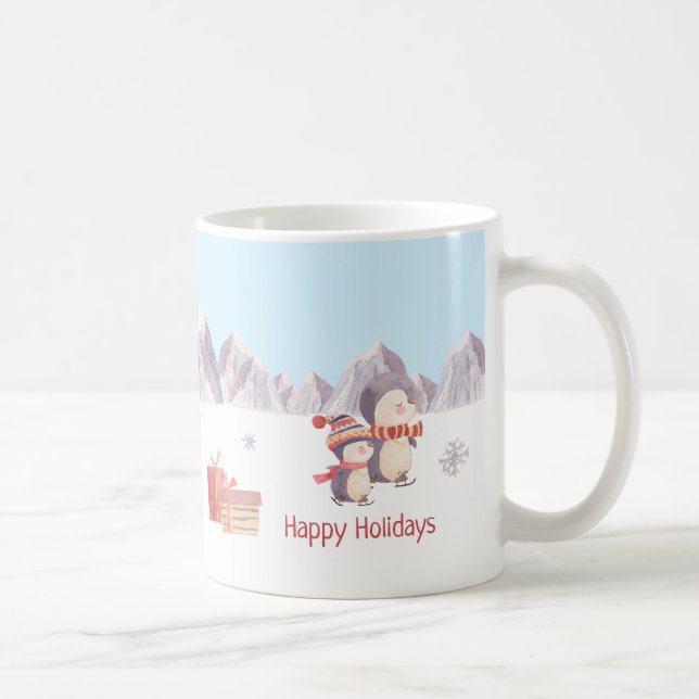 Happy Holidays Niedliche Pinguine im Schnee Kaffeetasse (Rechts)