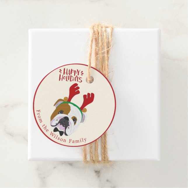 Happy Holidays - Niedlicher englischer Bulldog Wei Geschenkanhänger (Beispiel)