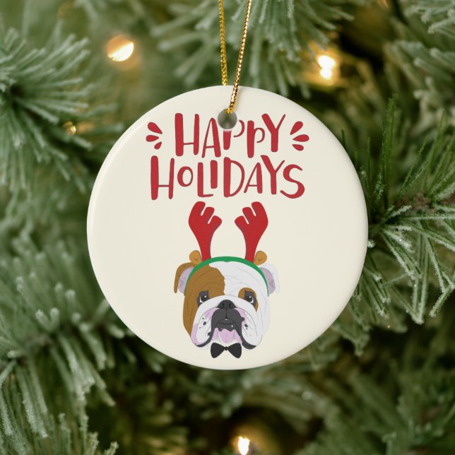 Happy Holidays - Niedlicher englischer Bulldog Wei Keramik Ornament (Baum)