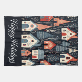 Happy Holidays Nordic Christmas Village Pattern Geschirrtuch