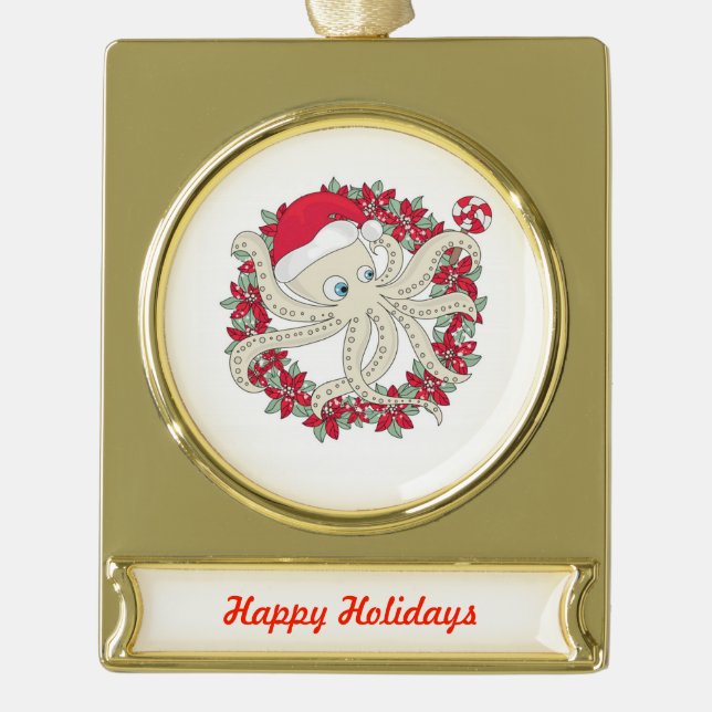 Happy Holidays Octopus Banner-Ornament Gold (Vorderseite)