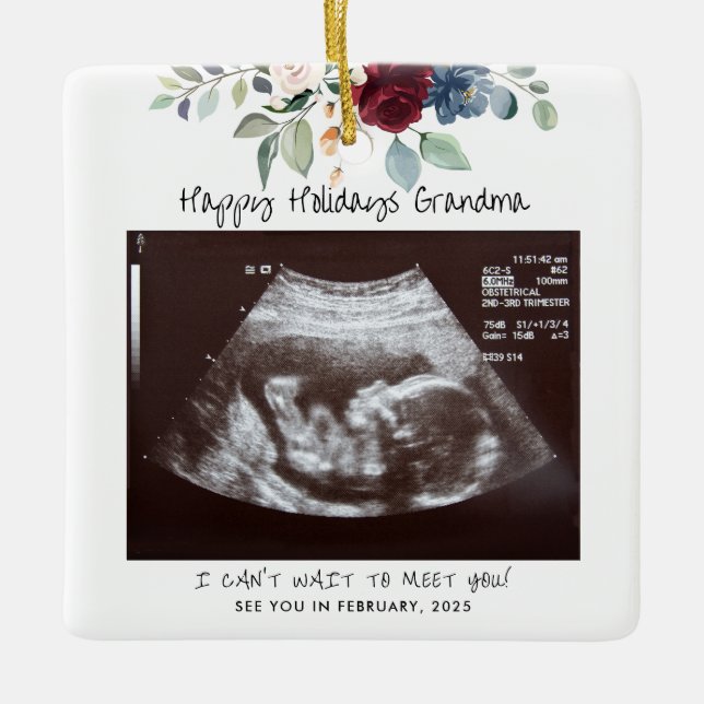 Happy Holidays Oma Pregnancy Sonogram Floral Keramikornament (Vorderseite)