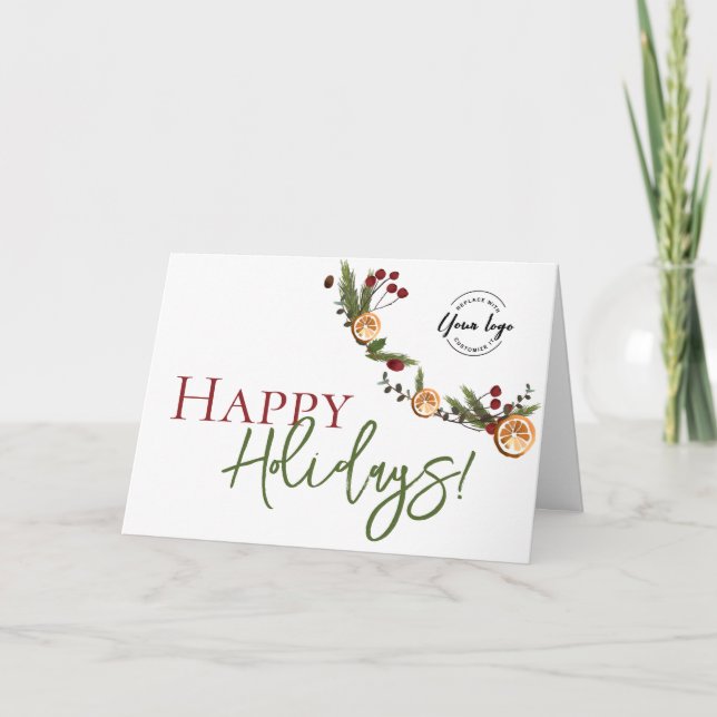 Happy Holidays Oranges wreath leaves Custom Logo  Karte (Vorderseite)