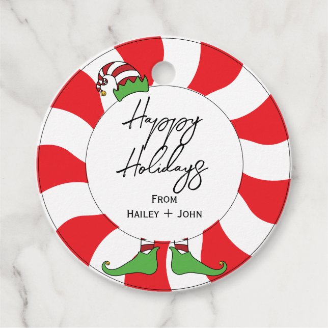 Happy Holidays Peppermint Candy Swirl Fun Elf Geschenkanhänger (Vorderseite)
