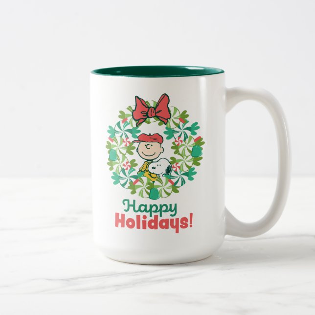 Happy Holidays | Peppermint Candy Wreath Zweifarbige Tasse (Rechts)