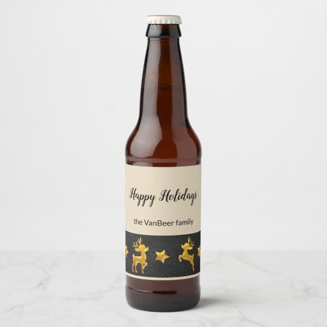 Happy Holidays Personalisiert Gold Rentier Bierflaschenetikett (Vorderseite)