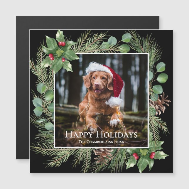 Happy Holidays Pet Photo Wreath Magnetic Card Magnetkarte (Vorne/Hinten)